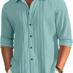 Men's Casual Plain Button Down Long Sleeve Textured Summer Beach Shirt